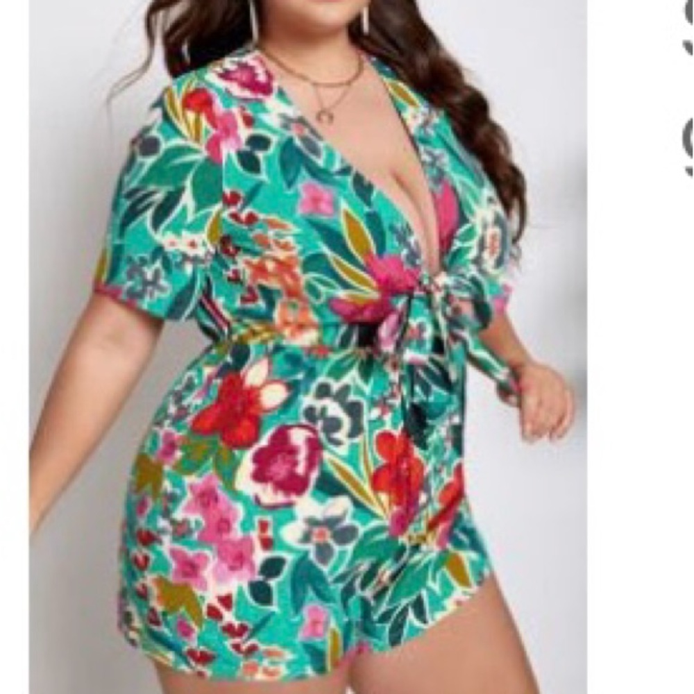 SHEIN curve floral romper with tie detail